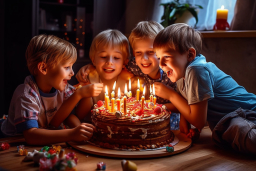 a group of boys around a cake with lit candles