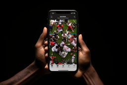 Une personne tenant un téléphone avec un écran montrant un match de football