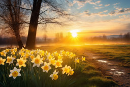 Sunrise Over Daffodil Field