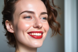 Une femme souriant de rouge à lèvres rouge