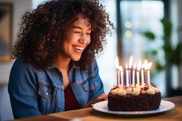 a woman looking at a cake with candles