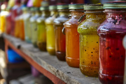 Colorful Honey Jars in a Row