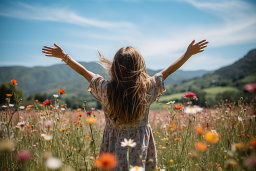 Une fille debout dans un champ de fleurs