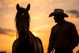 Ein Mann in einem Cowboyhut, der neben einem Pferd steht