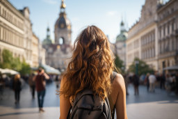 Une femme avec un sac à dos marchant dans une ville