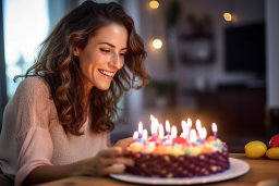a woman looking at a cake with lit candles