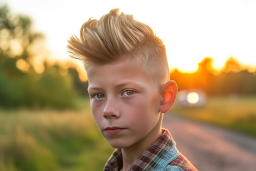 a boy with a mohawk and a sunset