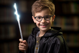 Un garçon portant des lunettes et une robe noire tenant un bâton léger