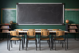ein Klassenzimmer mit Tafel und Stühlen