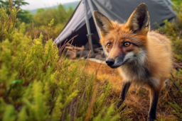 a fox standing in front of a tent