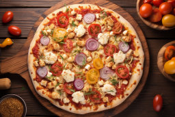 une pizza avec des tomates et des oignons sur une surface en bois