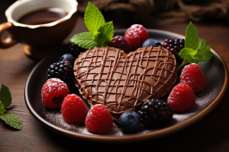 Un biscuit au chocolat en forme de cœur avec des baies sur une assiette