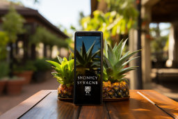 a cell phone on a table with pineapples