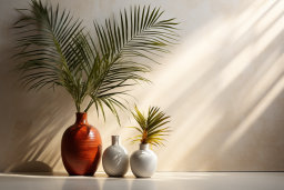 un groupe de vases avec un palmier dedans