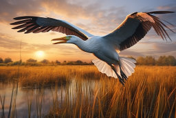 Un oiseau survolant un marais