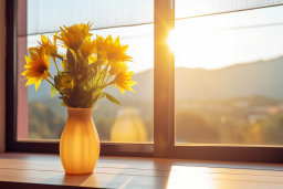 un vase avec des fleurs jaunes devant une fenêtre