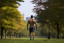 Muscular Man Jogging in Autumn Park