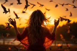 une femme avec ses bras vers le haut et un troupeau d'oiseaux volant dans les airs