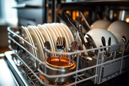Uma máquina de lavar louça cheia de pratos e utensílios