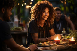 a woman smiling at a table with food and candles