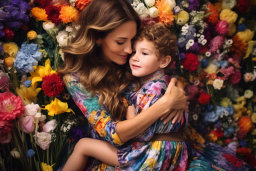 a woman holding a child in front of flowers