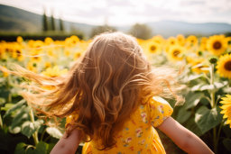 a girl in a yellow dress in a field of sunflowers