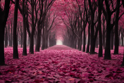 a path with pink leaves on the ground
