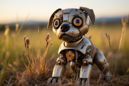 um cachorro robô em pé em um campo