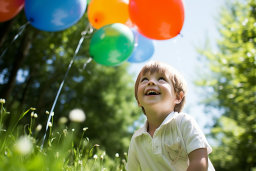 a child with balloons in the grass