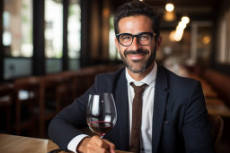 un hombre con traje y corbata con una copa de vino