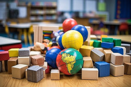 a group of colorful balls and blocks on a table