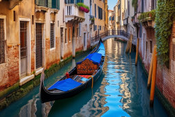 a gondola on a canal between buildings