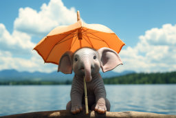 a baby elephant holding an umbrella