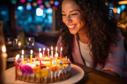 a woman looking at a cake with lit candles