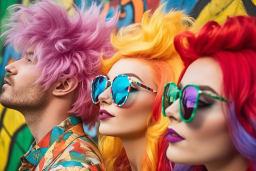 un gruppo di persone con capelli colorati e occhiali da sole