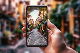 une main tenant un téléphone avec une photo d'une rue