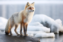 a fox standing on a rock in the snow