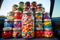 a group of jars of different colored candies