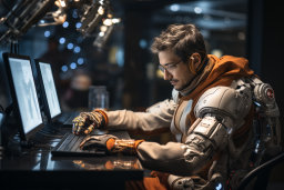 Un homme portant un vêtement de robot et travaillant sur un ordinateur