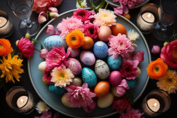 Une assiette d'œufs colorés et de fleurs