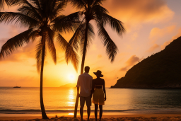 a man and woman standing on a beach with palm trees and a sunset
