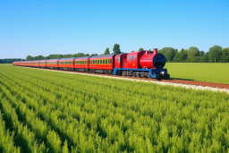 Red Steam Train Passing Through Green Fields