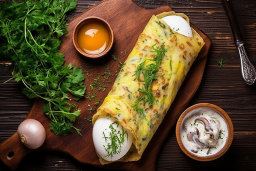 eggs wrapped in a tortilla with greens and yogurt