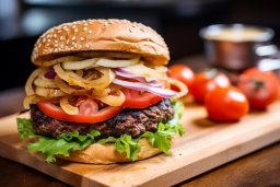 un hamburger avec des tomates et des oignons sur une planche en bois