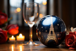 Une boule en verre avec une photo de la tour Eiffel dessus à côté d'un verre à vin