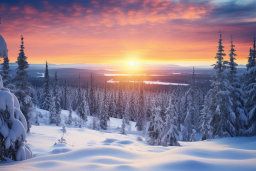 un paysage enneigé avec des arbres et un coucher de soleil