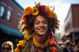 Un homme avec des fleurs sur sa tête