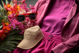 une chemise rose et un chapeau avec des lunettes de soleil et un chapeau