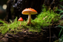 Mushrooms Growing on Mossy Wood