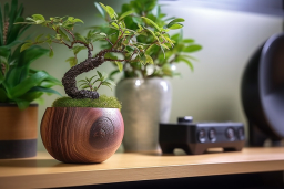 a potted plant and a controller on a table